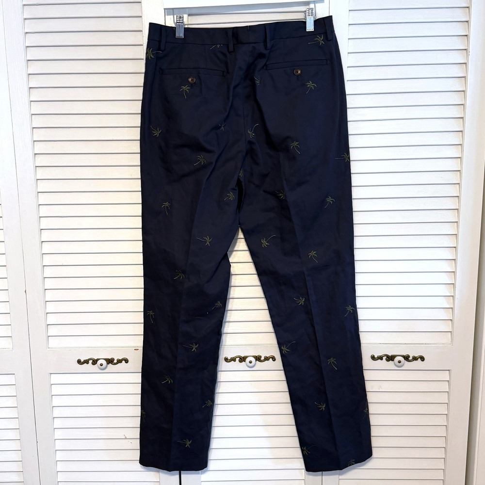 Bonobos Chino Pants Embroidered Palm Tree 34/34 Navy Blue Men Summer Linen Blend